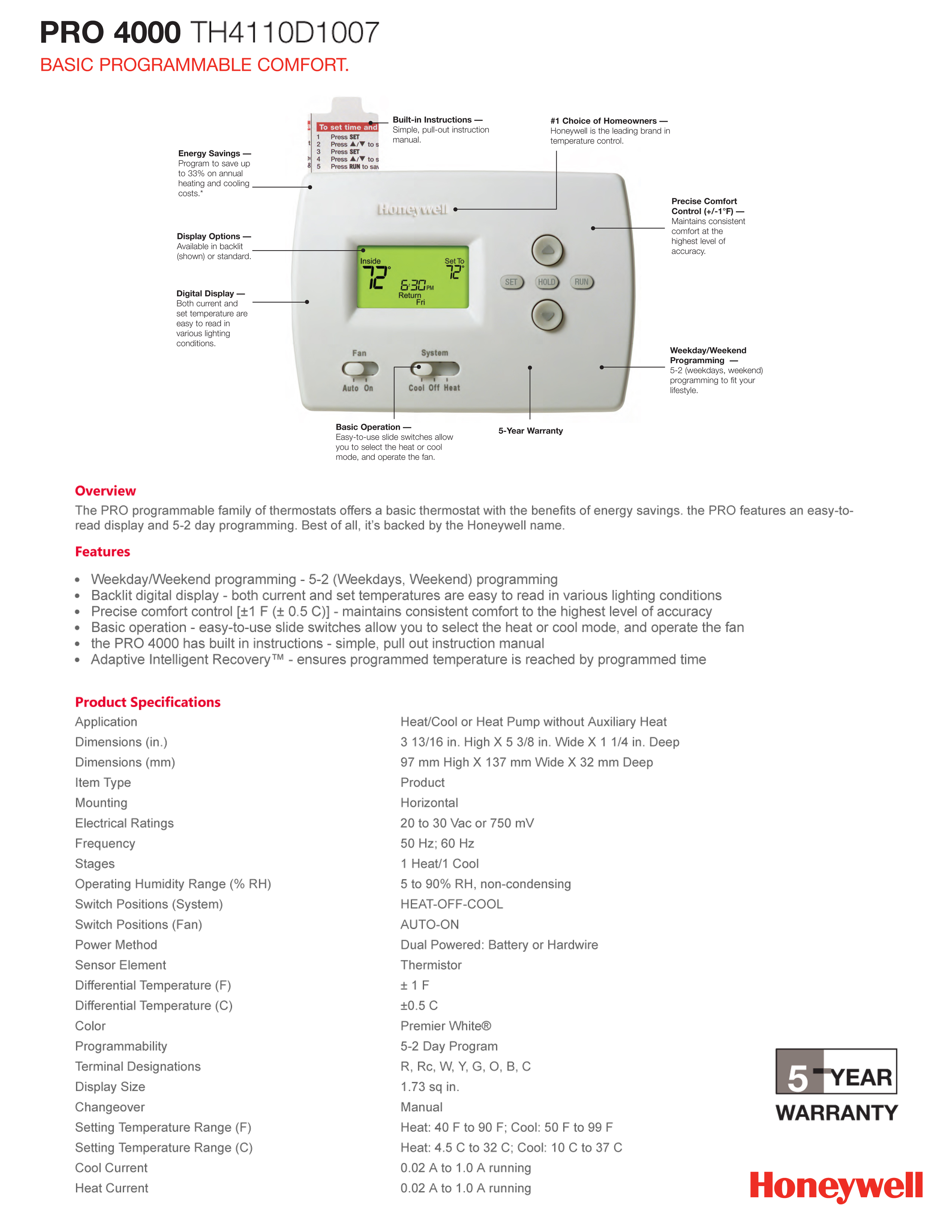 Honeywell Thermostat Straight Cool ONLY Programmable 1H/1C Pro 4000